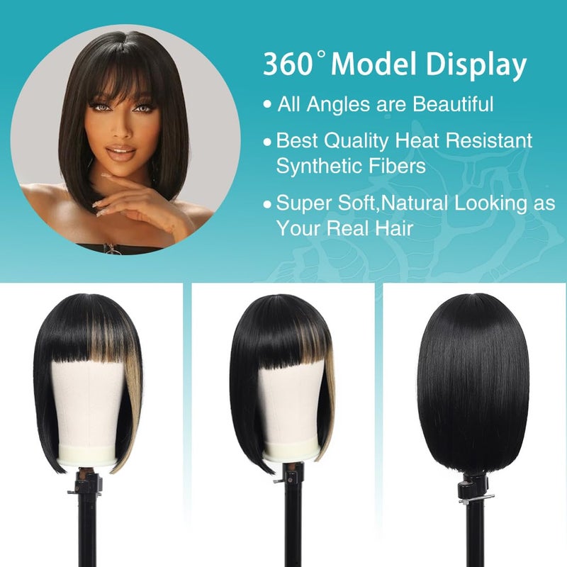 Kalyss باروكة كاليز بوب للنساء، بوب أسود مستقيم قصير مع غرة، باروكة شعر صناعية سوداء مقاومة للحرارة، 13 بوصة - Image 5